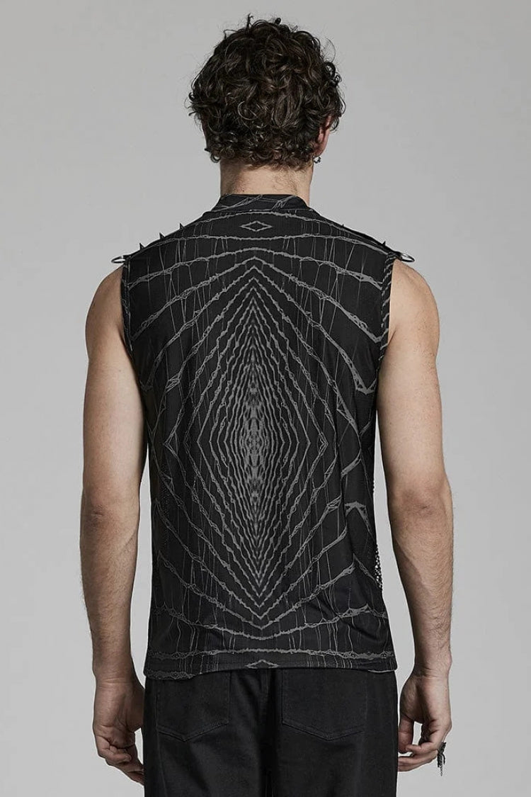 Halo Print Sleeveless Stitching Mesh Rivets Mens Steampunk T-Shirt 2 Colors - Product - 3