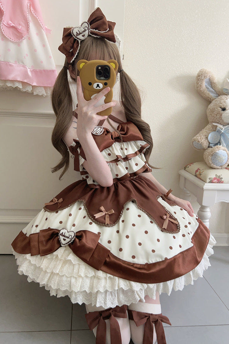 Chocolate Brown Cream Multi-Layered Polka Dots Print Ruffle Bowknot Sweet Lolita Jsk Dress - Brown - 1