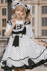 White/Black Polka Dot Ruffled Strap Sweet Lolita JSK Dress - Product - 2