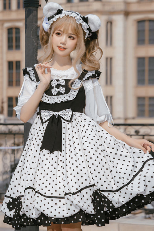 White/Black Polka Dot Ruffled Strap Sweet Lolita JSK Dress - Product - 2