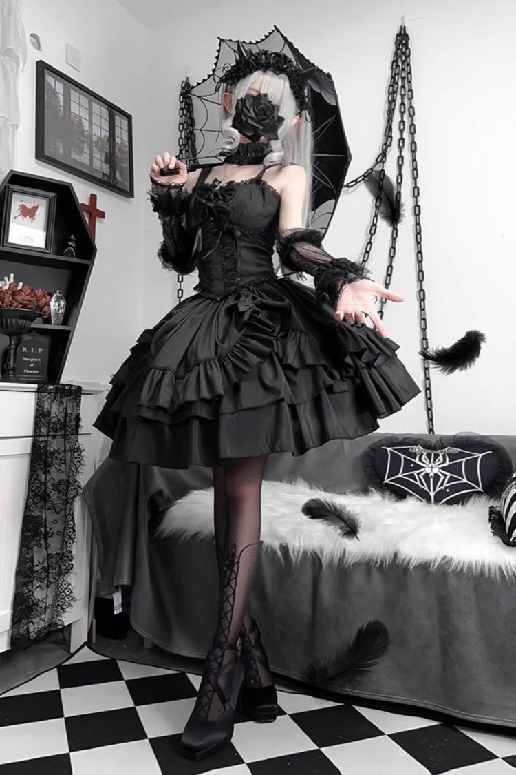 Black [Butterfly Officer] Triple-Layered Ruffle Bowknot Lace-Up Gothic Lolita Skirt Set - Product - 3