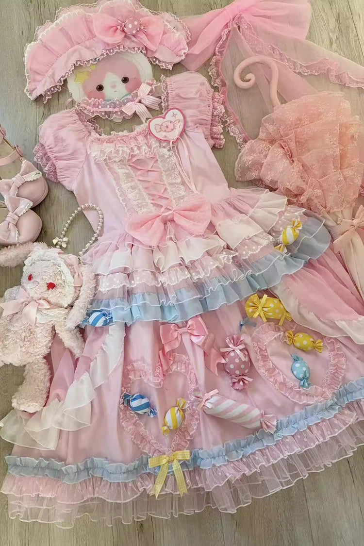 Pink [Candy Party] Short Sleeves Multi-Layered Ruffled Bow Lace Lace-Up Sweet Lolita Dress - Product - 4