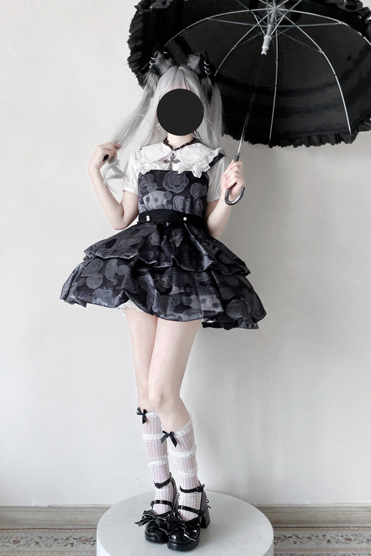 Black Rose Print Two-layer Bowknot Gothic Lolita Jsk Dress - Product - 6