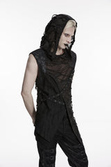 Black Sleeveless Cut-Out Spliced Lace-Up Hooded Sheer Asymmetric Eyelet Men's Punk Handsome Vest - Product - 4