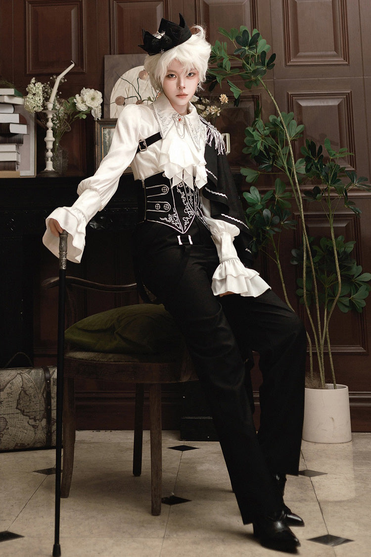 Black/White Embroidery Asymmetric Gothic Prince Handsome Ouji Lolita Set - Product - 2