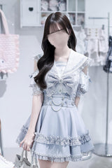 Aqua [Apprentice Witch] Off Shoulder Navy Collar Short Sleeves Ruffled Bow Lace Pearl Detail Classic Jirai Kei Japanese Skirt Set - Aqua(Set) - 1
