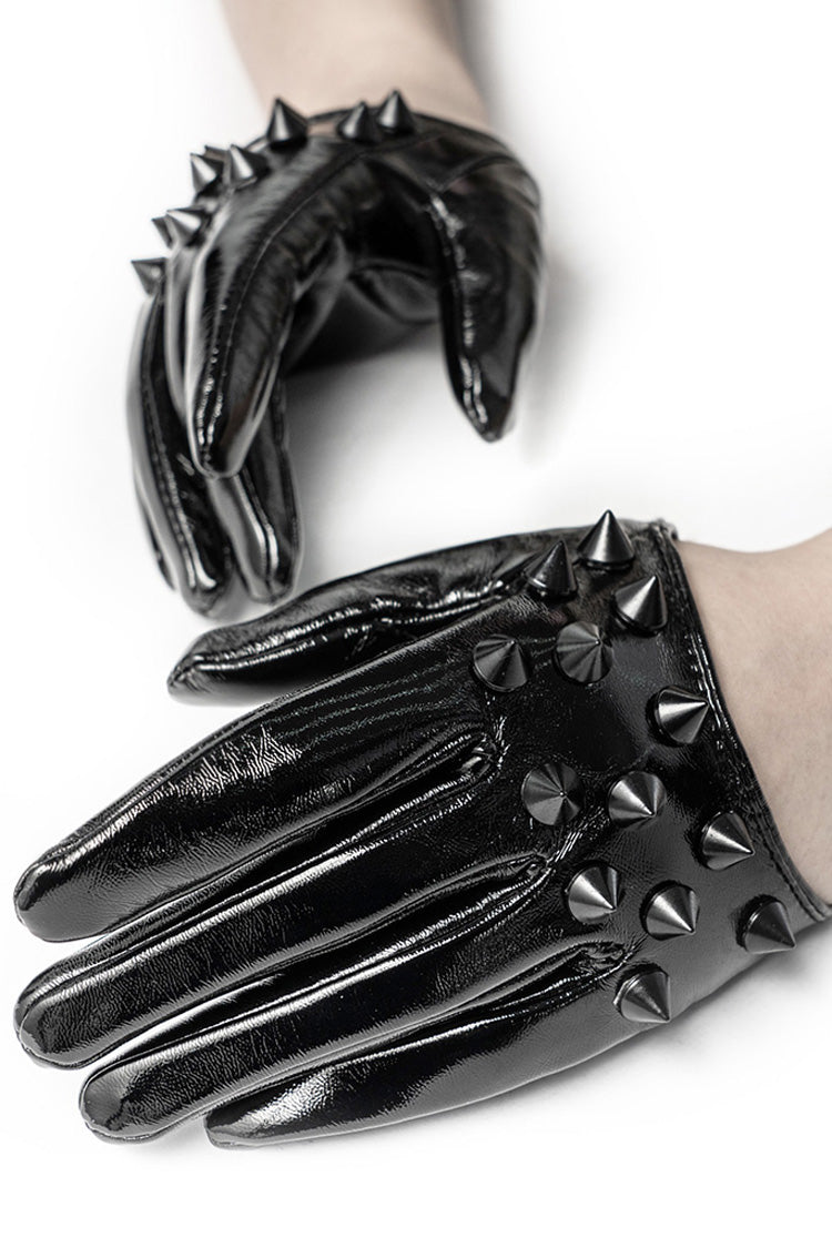 Black Leather Rivets Women's Steampunk Gloves - Black - 1