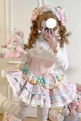 Pink [Candy House] Multi-Layered Print Ruffle Bowknot Lace-Up Sweet Ballet Lolita Jsk Dress - Product - 4