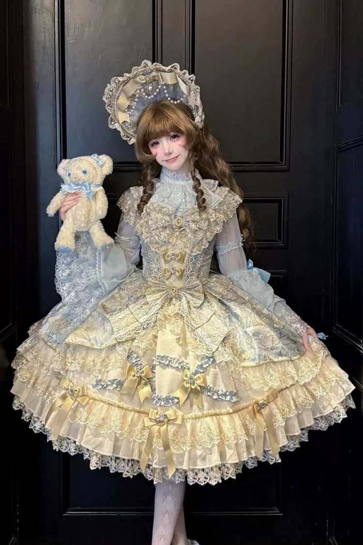 Blue [Gilded Waltz] Square Collar Sleeveless Printed Ruffled Embroidered Bow Lace Gorgeous Sweet Lolita Jsk Dress - Product - 4