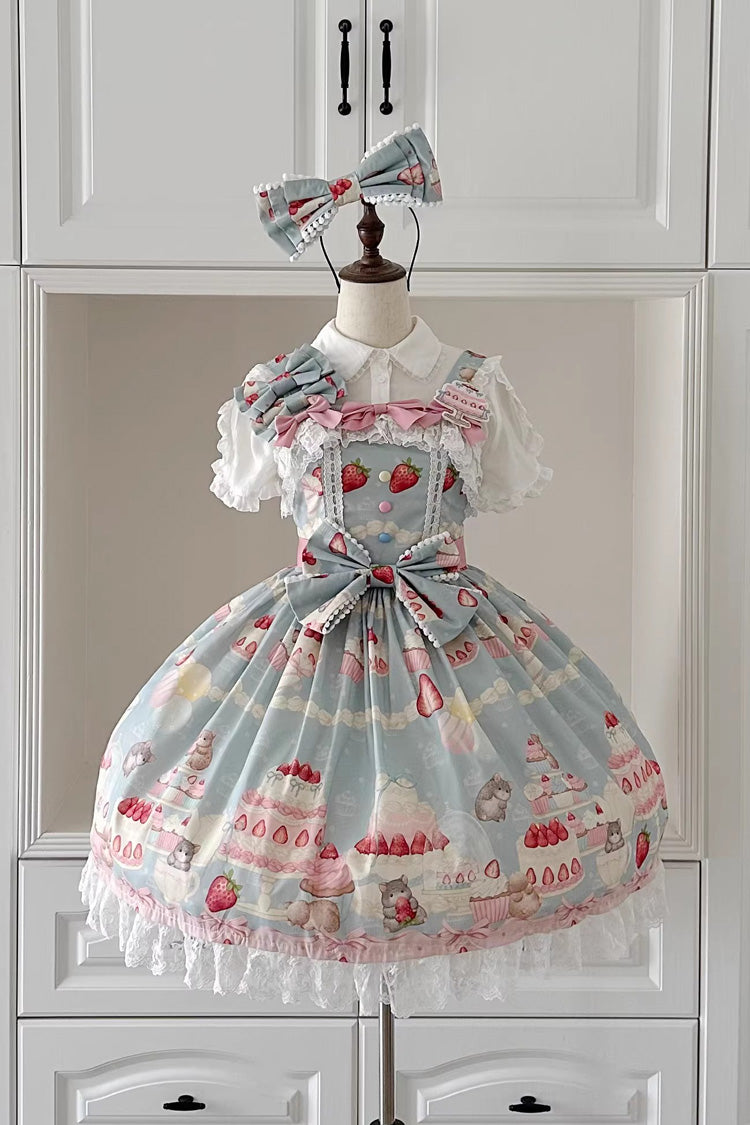 [Little Mouse Strawberry Cake] Sleeveless Printed Ruffled Bow Lace Sweet Lolita Jsk Dress 3 Colors - Blue - 4