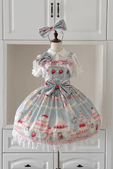 [Little Mouse Strawberry Cake] Sleeveless Printed Ruffled Bow Lace Sweet Lolita Jsk Dress 3 Colors - Blue - 4