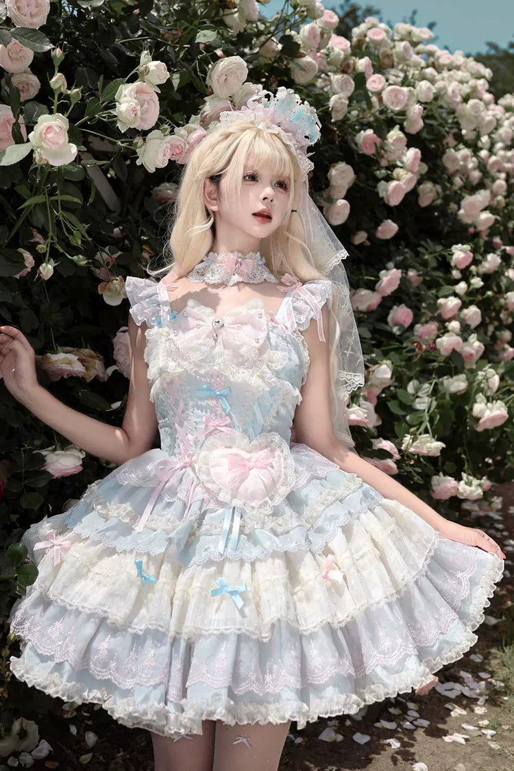 Bkue/Pink [Cloudwhale Dreamweaver] Square Collar Multi-Layered Ruffled Bow Lace Sweet Lolita Jsk Dress - Product - 5
