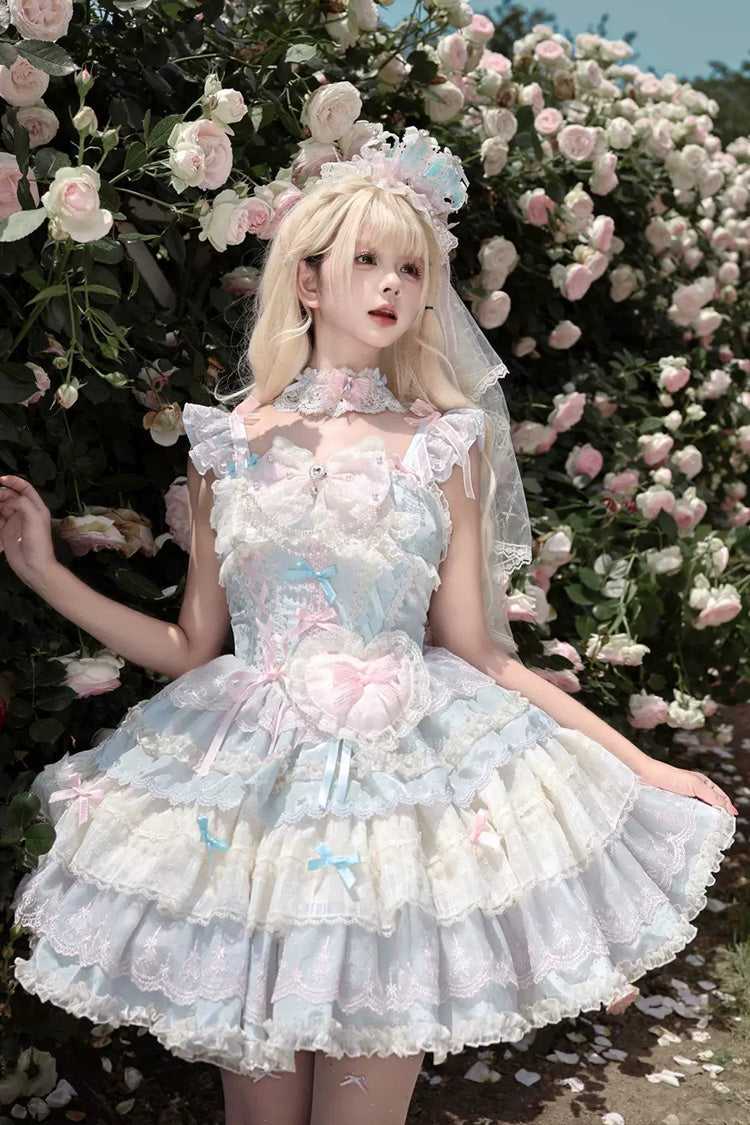 Bkue/Pink [Cloudwhale Dreamweaver] Square Collar Multi-Layered Ruffled Bow Lace Sweet Lolita Jsk Dress - Product - 5