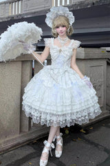 White [Moonlit Sakura Ode] Sleeveless Multi-Layered Ruffled Bow Lace Sweet Lolita Dress - White - 1