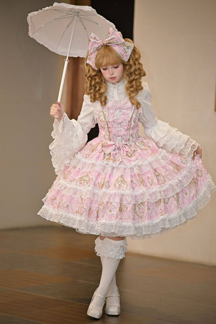 Pink [Candelabrum Elegy] Sleeveless Triple-Layered Flower Wall Printed Ruffled Bow Lace Sweet Lolita Jsk Dress - Product - 4