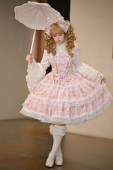 Pink [Candelabrum Elegy] Sleeveless Triple-Layered Flower Wall Printed Ruffled Bow Lace Sweet Lolita Jsk Dress - Product - 4