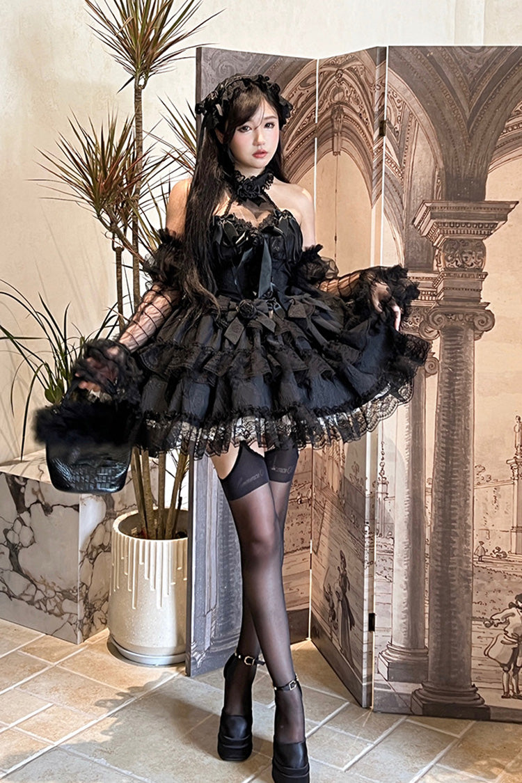 Black Princess Sleeveless Ruffle Bowknot Lace Gothic Lolita Jsk Dress - Black - 1