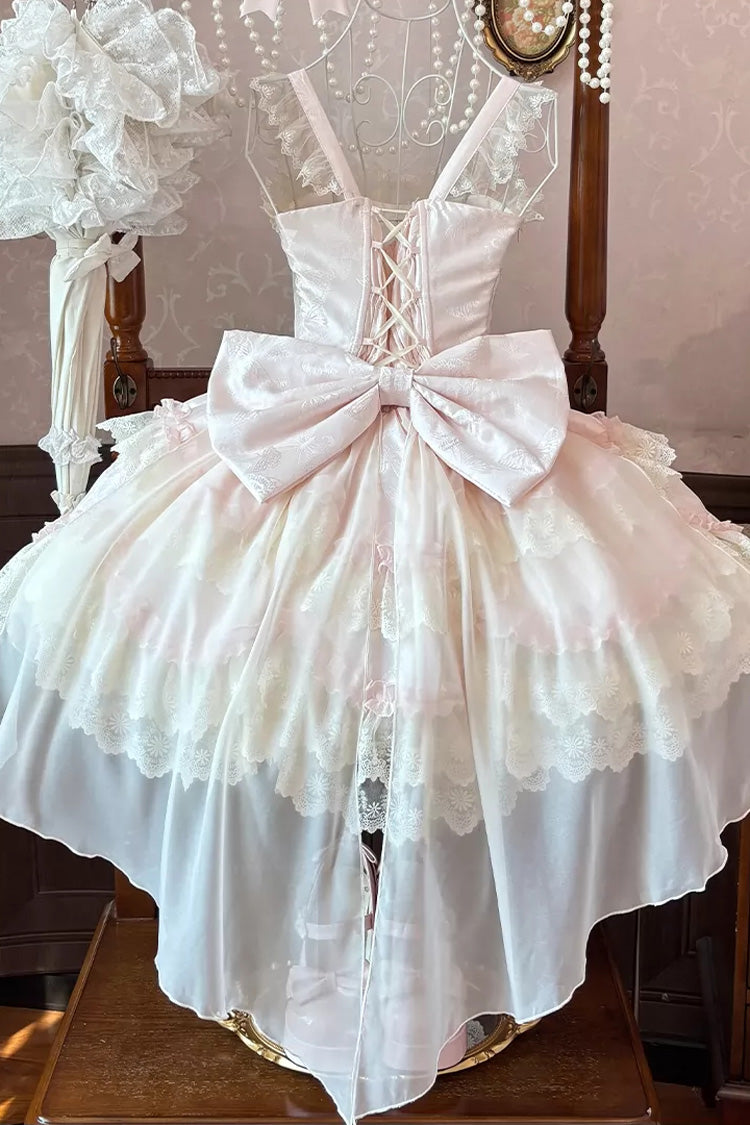 Pink [Realm of Sea Moon] Square Collar Sleeveless Multi-Layered Jacquard Ruffled Bow Lace Lace-Up Sweet Lolita Jsk Dress - Product - 9