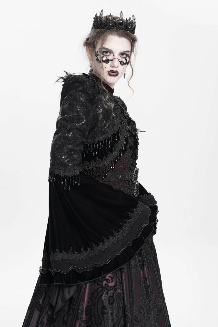 Black Long Sleeves Floral Embroidery Women's Gothic Beaded Frog Short Jacket - Product - 12