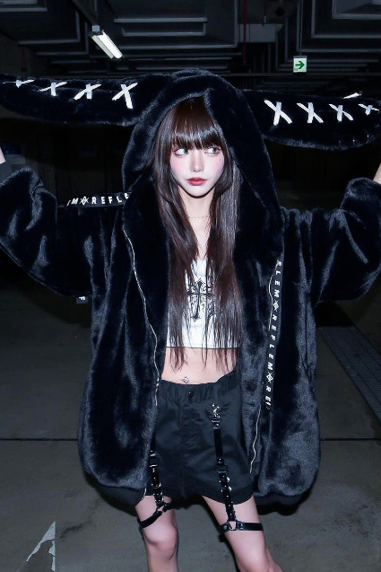 Black Rabbit Ears Long Sleeves Hooded Punk Jirai Kei Coat - Product - 6