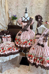 Pink [Strawberry Chocolate Lover] Square Collar Short Sleeves Printed Ruffled Bow Lace Sweet Lolita Dress - Product - 13
