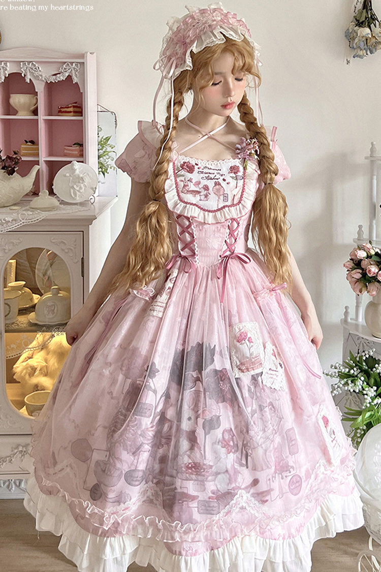 Pink Rabbit Print Square Collar Short Sleeves Ruffle Bowknot Lace Sweet Lolita Dress - Product - 2