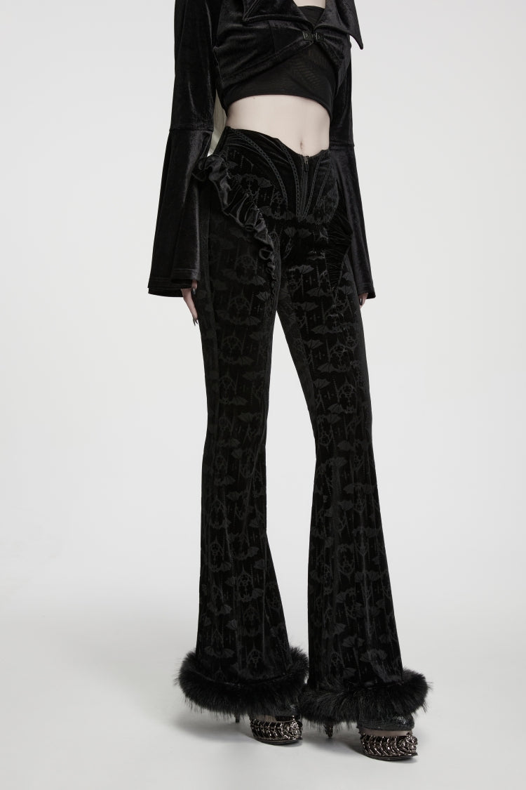 Black Jacquard Ruffled Slim Fit Women's Gothic Flare Pants - Product - 8