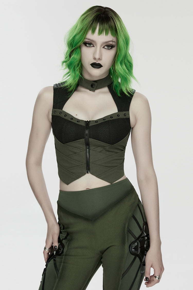 Black/Green Sleeveless Cut-Out Studded Mechanical Women's Punk Tank Top - Black/Green - 1