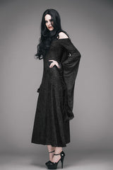 Black Gothic Big Cuffs Stretchy Floral Off The Shoulder Hooded Long Womens Dress - Product - 6