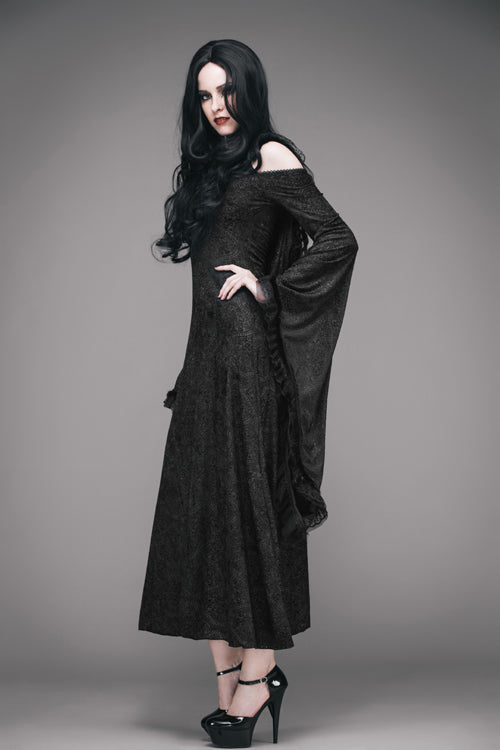 Black Gothic Big Cuffs Stretchy Floral Off The Shoulder Hooded Long Womens Dress - Product - 6