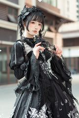 Black [Feast of Bones] Print Ruffle Bowknot Lace Gothic Elegant Lolita Long Dress - Product - 4