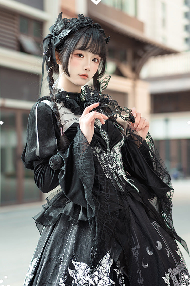 Black [Feast of Bones] Print Ruffle Bowknot Lace Gothic Elegant Lolita Long Dress - Product - 4