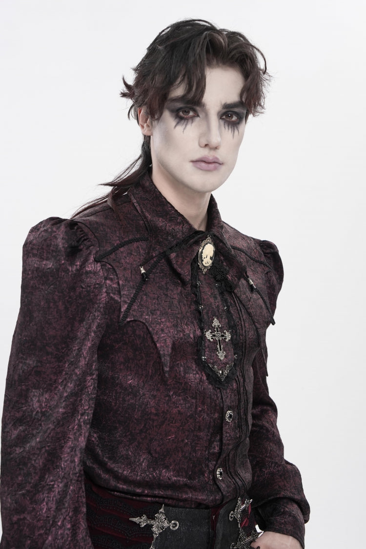 Red Lapel Collar Long Lantern Sleeves Jacquard Bow Men's Gothic Shirt - Product - 8