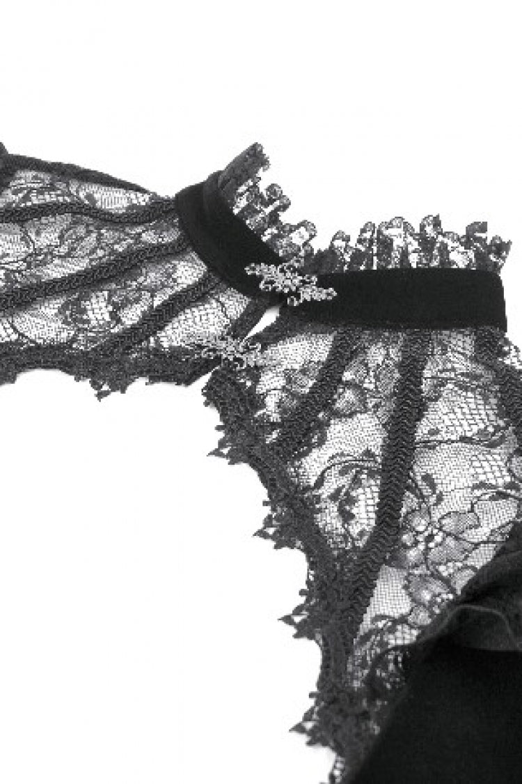 Black Stand Collar Long Flared Sleeves Lace Spliced Velvet Women's Gothic Cape - Product - 12