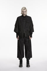 Black Stand Collar Long Sleeves Zippered Men's Punk Handsome Multi Pockets Strappy  Jacket - Product - 2