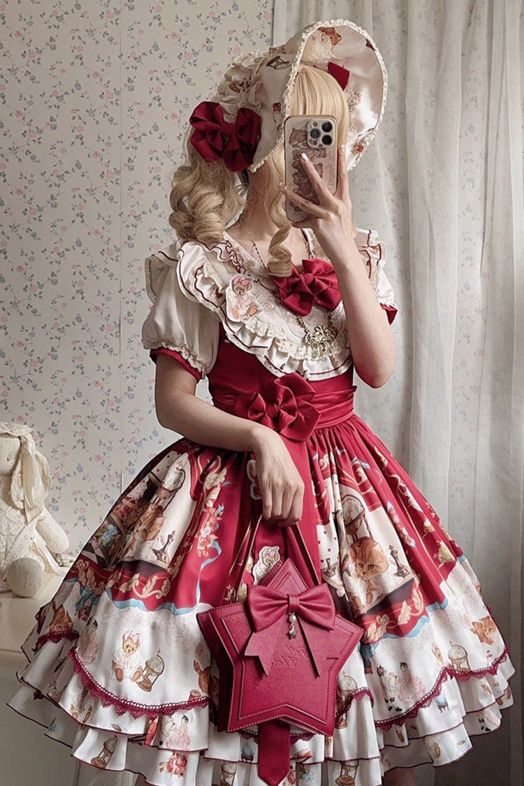 Red [The Tale of a Curious Cat] Round Collar Short Sleeves Double-Layered Printed Ruffled Bow Sweet Lolita Dress - Product - 2