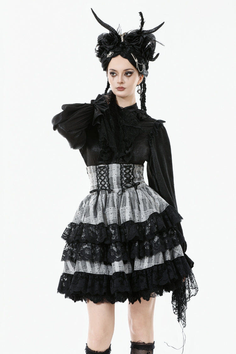 Black/Grey High Waisted Lace-Up Lace Ruffled Layered Hem Women's Lolita Gothic Skirt - Black/Grey - 1