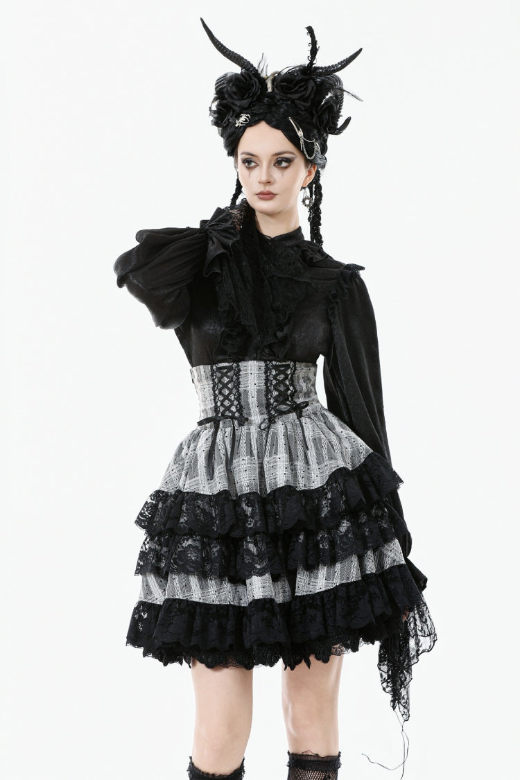 Black/Grey High Waisted Lace-Up Lace Ruffled Layered Hem Women's Lolita Gothic Skirt - Black/Grey - 1