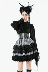 Black/Grey High Waisted Lace-Up Lace Ruffled Layered Hem Women's Lolita Gothic Skirt - Black/Grey - 1