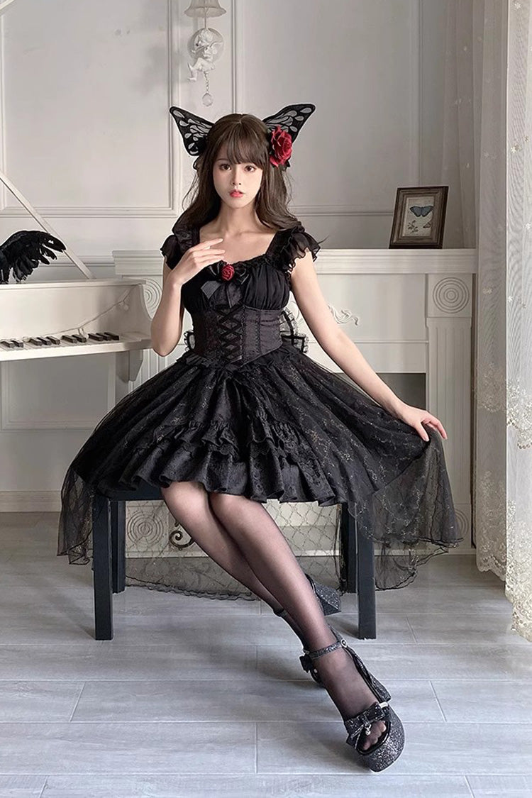 Black Short Sleeves Ruffle Rose Bowknot Elegant Princess Gothic Lolita Tiered Dress - Product - 6