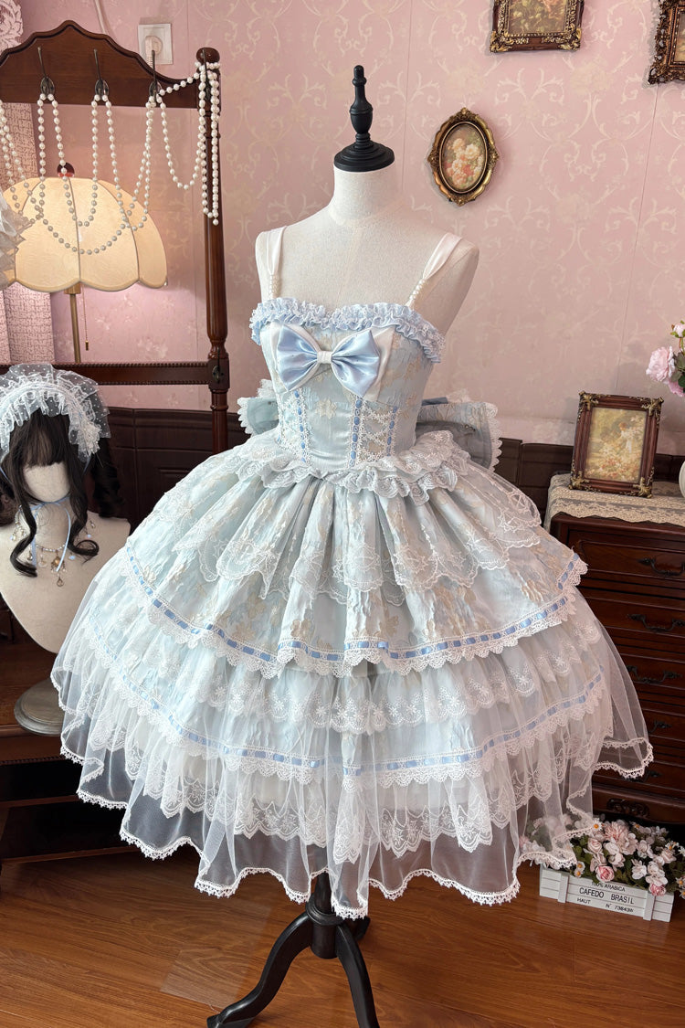 Blue [Moonlight Woven Flower Box] Square Collar Multi-Layered Ruffled Hanayome Embroidered Bow Lace Sweet Plus Size Lolita Jsk Dress Set - Blue(Set) - 1