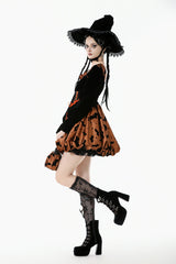 Black/Orange Square Collar Long Sleeves Bat Printed Lace-Up Women's Gothic Pumpkin Halloween Dress - Product - 9