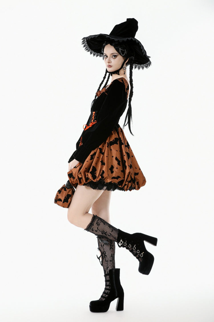 Black/Orange Square Collar Long Sleeves Bat Printed Lace-Up Women's Gothic Pumpkin Halloween Dress - Product - 9