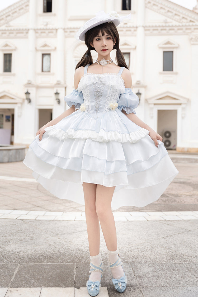Light Blue [Rose Of The Night Sea And Starry Sky] Off Shoulder Multi-Layered Ruffle Embroidery Sweet Lolita Dress - Light-Blue - 1
