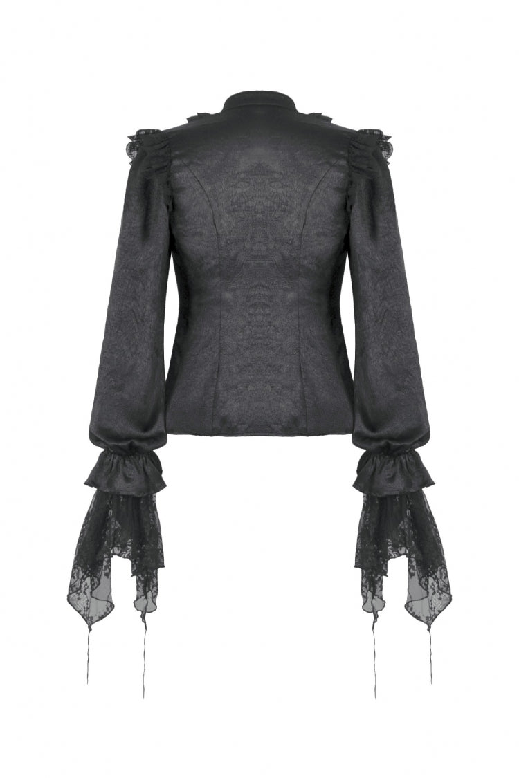 Black Long Lantern Sleeves Ruffled Spliced Lace Women's Gothic Blouse - Product - 12