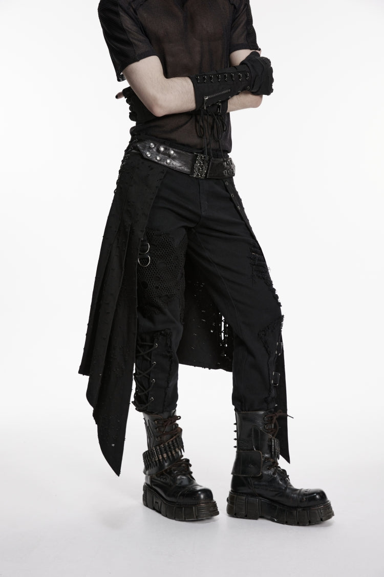 Black Lace-Up Irregular Ripped Men's Punk Skirt - Product - 9