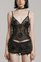 Black Hollow Embroidery Lace Sheer Mesh Adjustable Drawstring Womens Gothic Vest - Black - 1