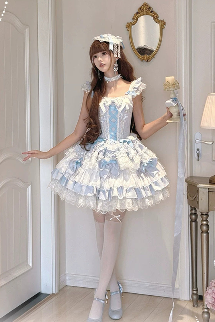 Blue [Honey Sweet Tart] Square Collar Sleeveless Multi-Layered Jacquard Ruffled Bow Lace Lace-Up Lolita Jsk Dress - Product - 2