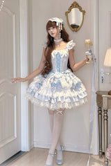 Blue [Honey Sweet Tart] Square Collar Sleeveless Multi-Layered Jacquard Ruffled Bow Lace Lace-Up Lolita Jsk Dress - Product - 2