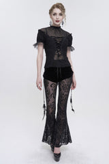 Black Wavy Stretch-Knit Fabric Adjustable Front Center Tether Short Sleeve Women's Gothic T-Shirt - Product - 3
